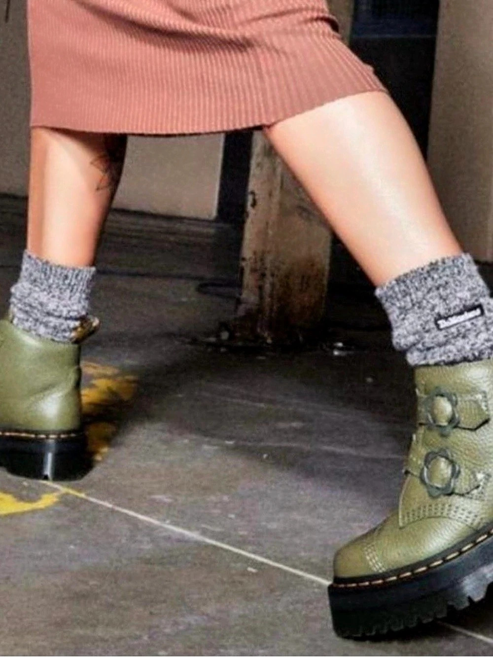 Dr. Martens Devon Flower Milled Nappa Leather Platform Boots Green Platform